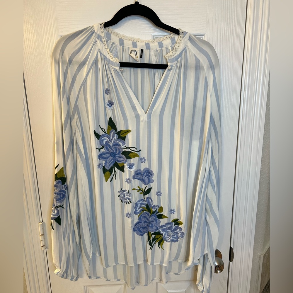 Anthropologie Akemi + Ken Striped Embroidered Blouse, Size Large
